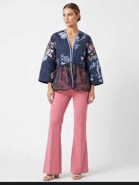 Upcycled Navy Blue Floral Quilted Jacket L-XL Vtg Lace Peplum Dont Throw It Out
